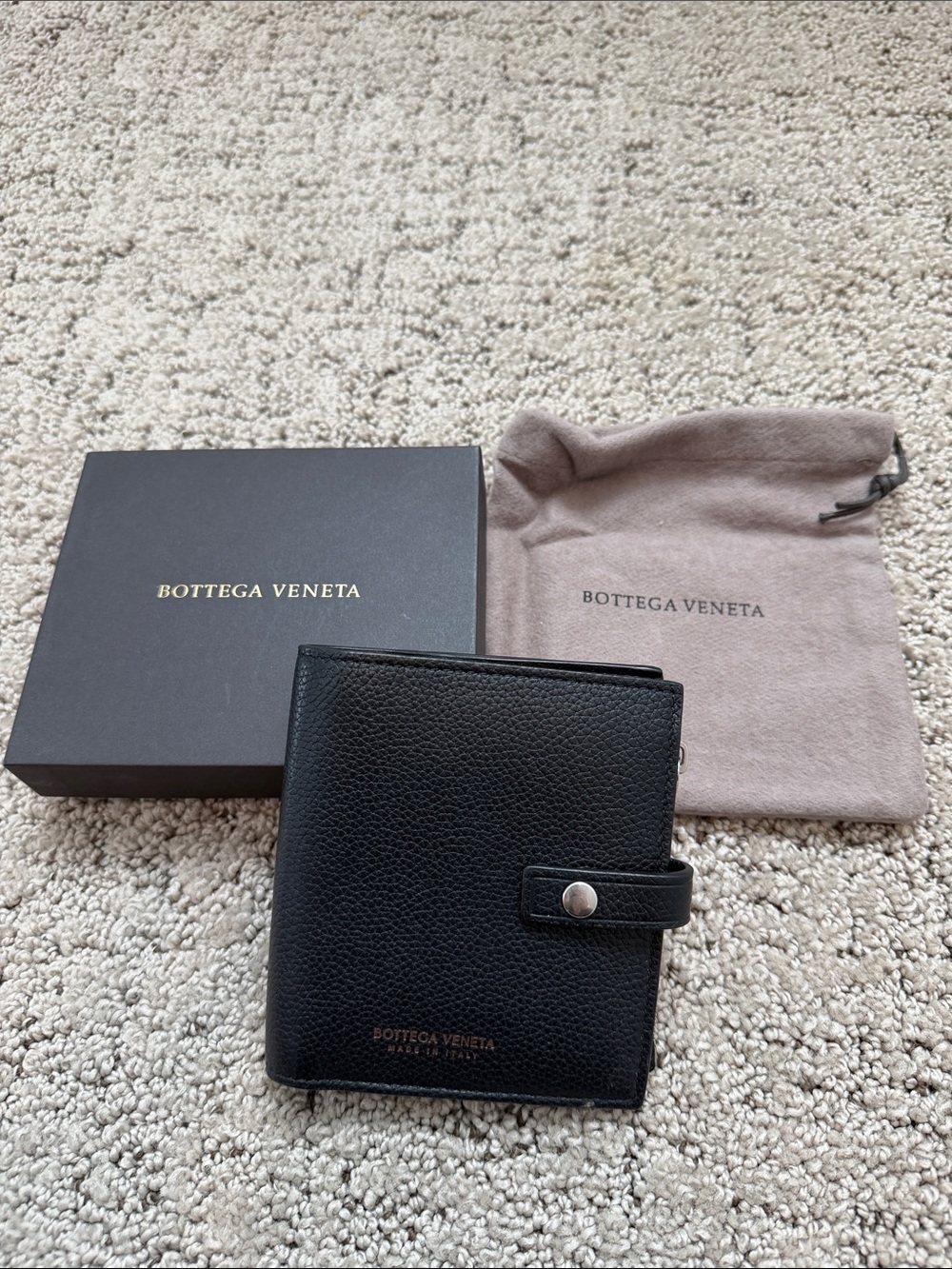 Bottega Veneta Black Pebbled Leather Snap Bifold Wallet